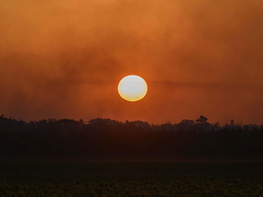 Na snímke je východ Slnka v Nemecku, v popredí stúpa dym z lesných požiarov.