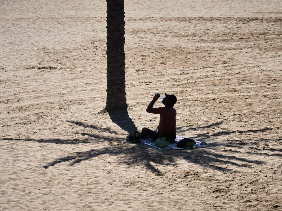 Na ilustračnej snímke sa muž v Španielsku ukrýva v tieni palmy.