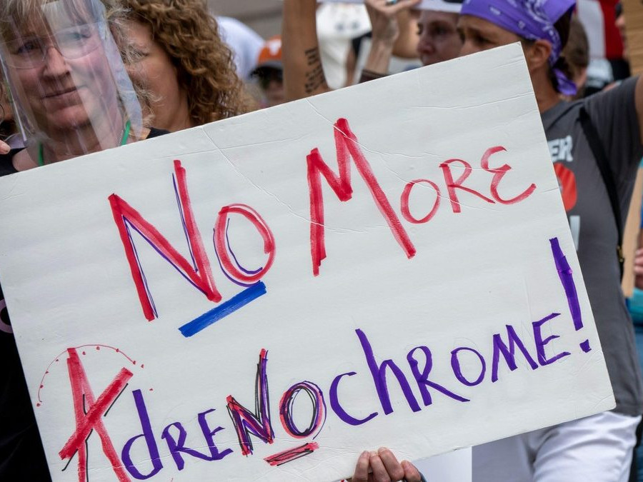 Protestujúca na zhromaždení za ochranu detí, nesie transparent s nápisom „Už žiadny adrenochróm".