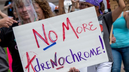 Protestujúca na zhromaždení za ochranu detí, nesie transparent s nápisom „Už žiadny adrenochróm".