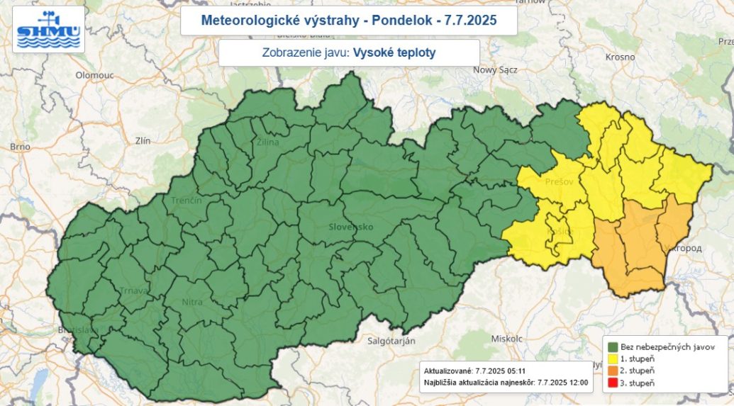 Na snímke mapa výstrah pred vysokými teplotami.