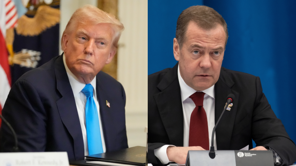 Zľava americký prezident Donald Trump a exprezident Ruska Dmitrij Medvedev.
