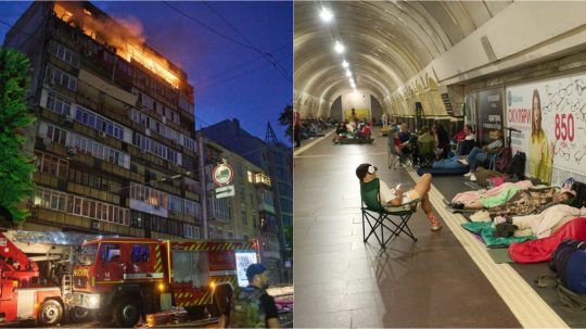 Na snímke horiaca budova v Kyjeve po ruskom útoku a ľudia ukrývajúci sa v metre.