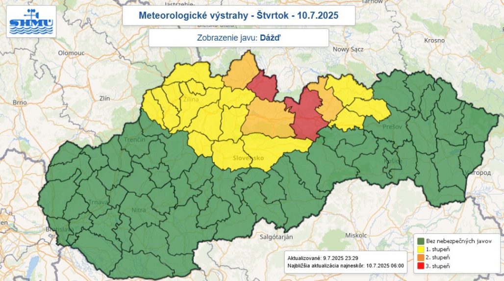 Na snímke mapa výstrah pred dažďom.