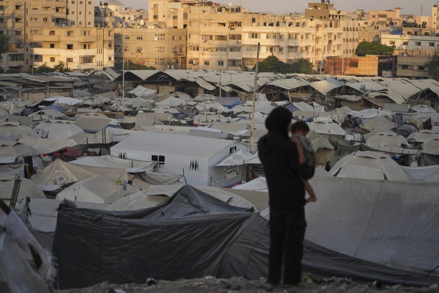 Na snímke Palestínčanka drží v náručí dieťa v stanovom tábore pre vysídlených Palestínčanov v meste Gaza.