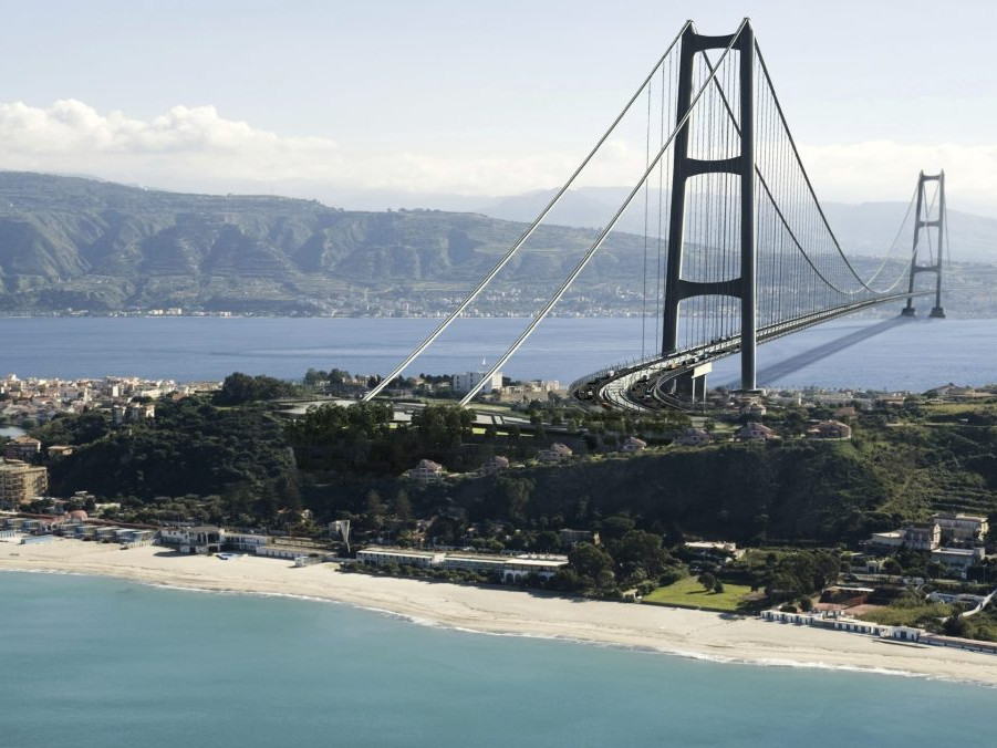 Vizualizácia najdlhšieho visutého mosta na svete, ktorý má vzniknúť v Taliansku.