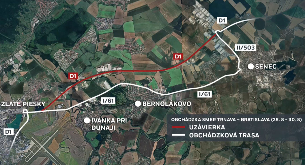 Obchádzková trasa povedie po štátnej ceste I/61 od križovatky Senec smer Zlaté piesky.