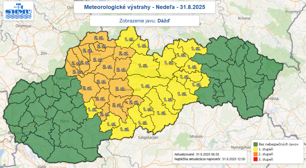 Výstrahy SHMÚ pred dažďom na nedeľu (31. 8.).