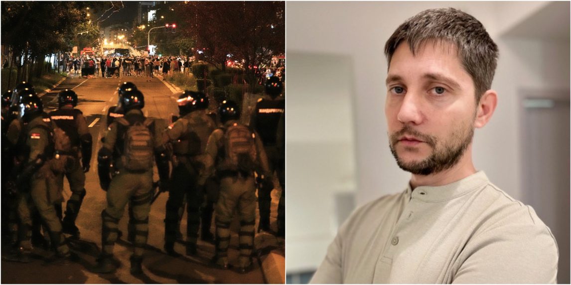 Na snímke záber zo srbských protestov a Neško Uskokovič.