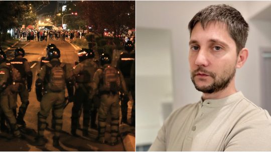 Na snímke záber zo srbských protestov a Neško Uskokovič.