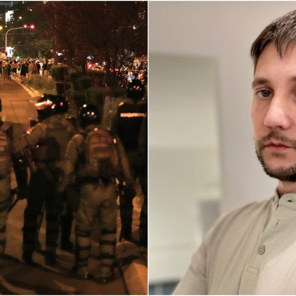 Na snímke záber zo srbských protestov a Neško Uskokovič.