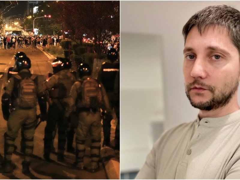 Na snímke záber zo srbských protestov a Neško Uskokovič.