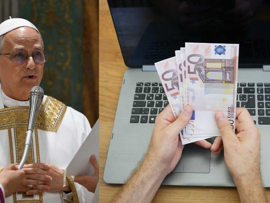 Pápež Lev Štrnásty vľavo a vpravo osoba drží 50-eurové bankovky v rukách nad notebookom.