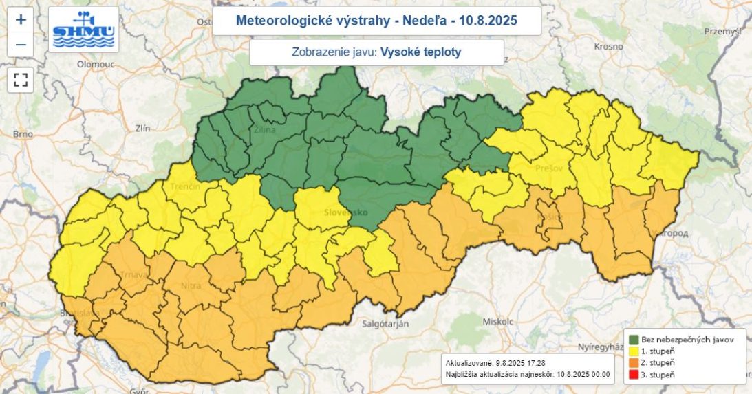 mapa s výstrahami pred vysokými teplotami