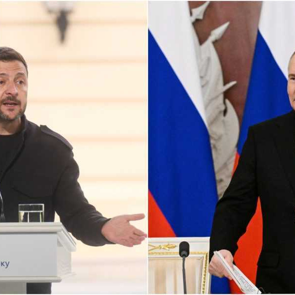 Na snímke zľava Volodymyr Zelenskyj a Vladimir Putin.