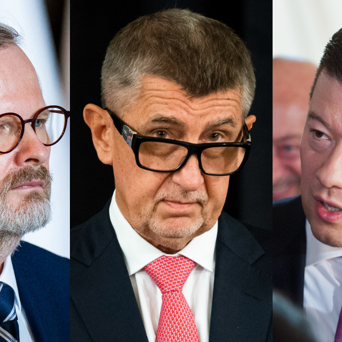 Zľava lídri Spolu, ANO a SPD Petr Fiala, Andrej Babiš a Tomio Okamura.