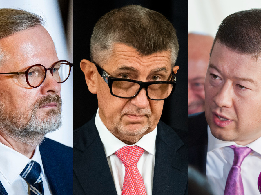 Zľava lídri Spolu, ANO a SPD Petr Fiala, Andrej Babiš a Tomio Okamura.
