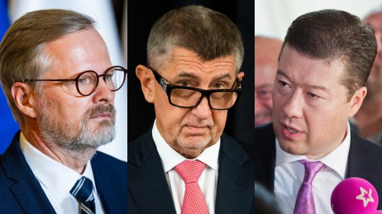 Zľava lídri Spolu, ANO a SPD Petr Fiala, Andrej Babiš a Tomio Okamura.