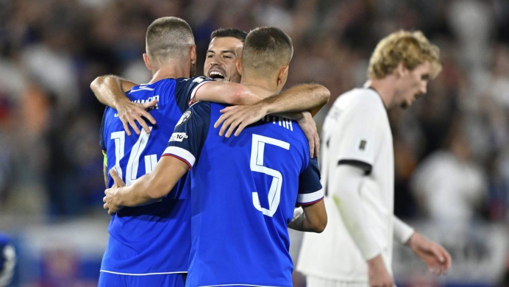 Radosť slovenských futbalistov po víťazstve nad Nemeckom.