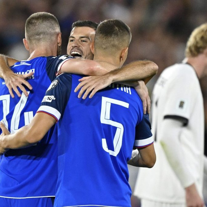 Radosť slovenských futbalistov po víťazstve nad Nemeckom.