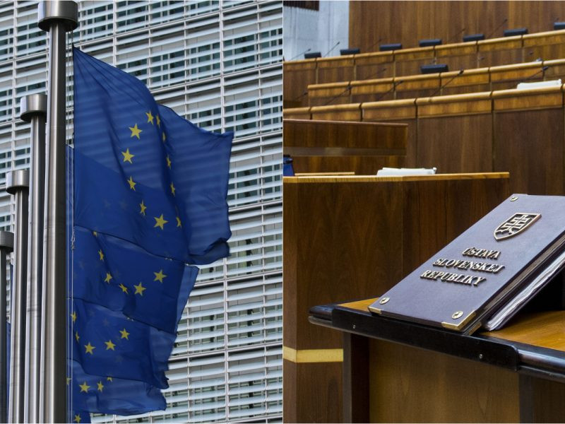 Na ilustračnej snímke vlajky EÚ a Ústava SR.