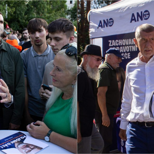 Na snímke Petr Fiala a Andrej Babiš počas predvolebných mítingov v Prahe.