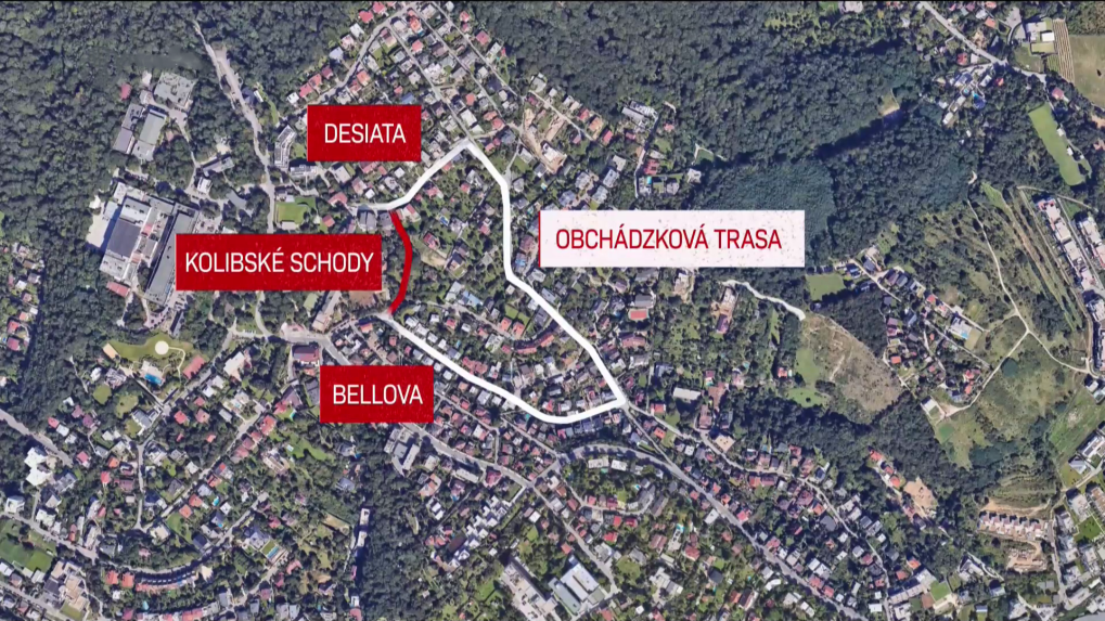 Na snímke je mapa Koliby, čiarami sú vyznačené ulice, ktorými vedie obchádzka a trasa bývalých Kolibských schodov.