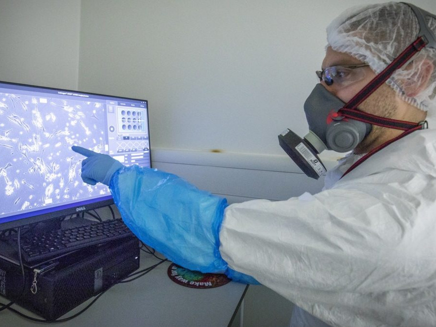 Na snímke vedec v skafandri ukazuje na bunky koronavírusu na monitore.