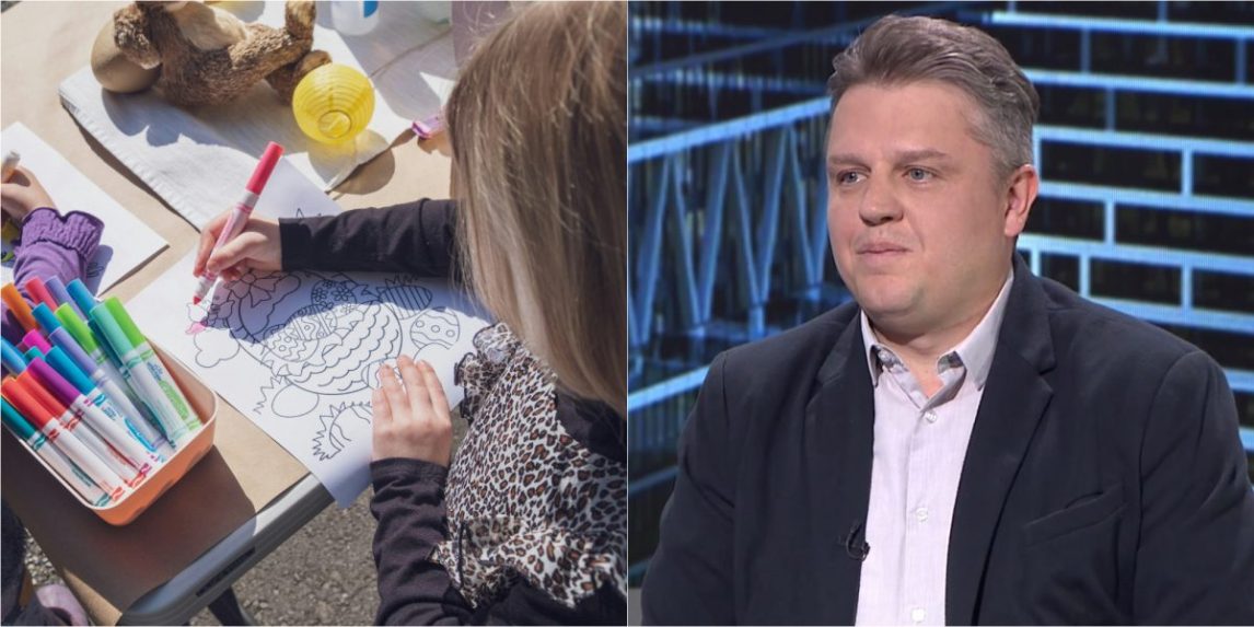 Na kombosnímke dieťa kreslí a Martin Martinkovič v relácii Peniaze.