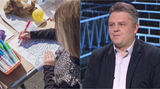 Na kombosnímke dieťa kreslí a Martin Martinkovič v relácii Peniaze.