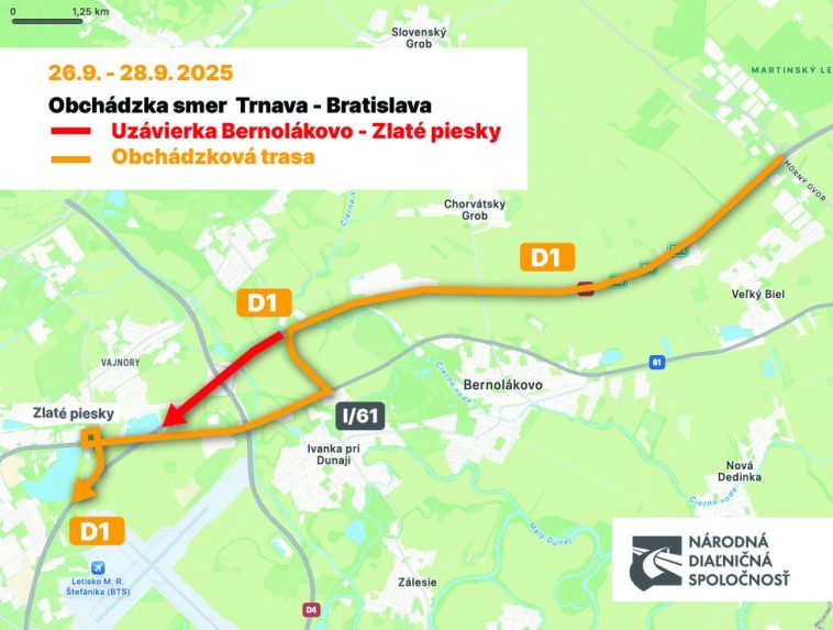 Na snímke mapa so zmenou dopravy na diaľnici D1. 