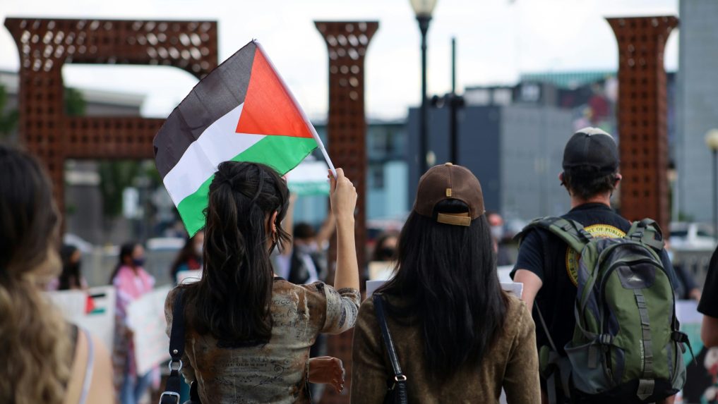 Na ilustračnej snímke žena drží v ruke vlajku Palestíny.