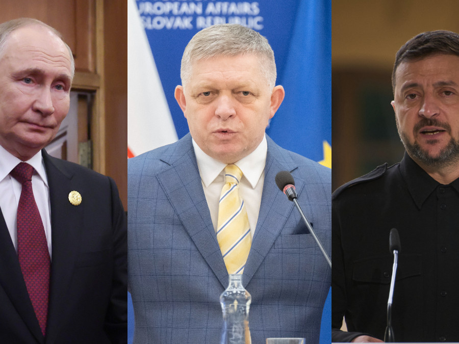 Zľava Putin, Fico, Zelenskyj.