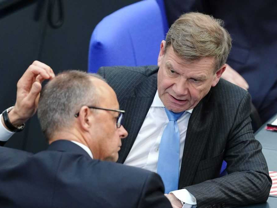 Na archívnej snímke z Friedrich Merz (chrbtom) a Johan Wadephul.