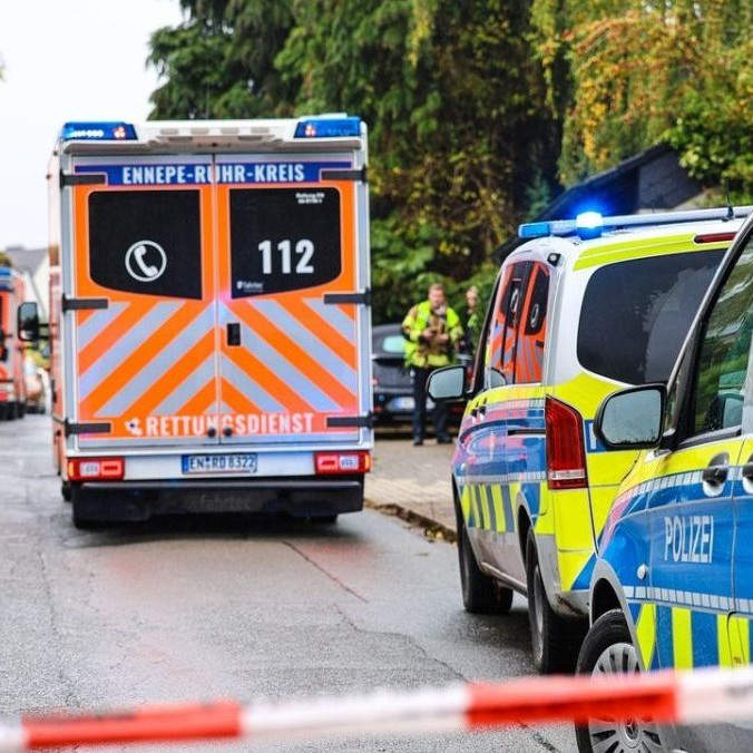 Na snímke polícia a záchranári v obci Herdecke po útoku na starostku.