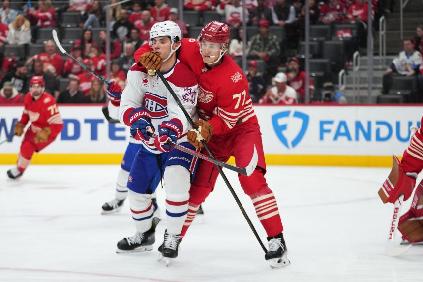 Slovenský hokejista Juraj Slavkovský (vľavo) z Montrealu Canadiens a Simon Edvinsson z Detroitu Red Wings.
