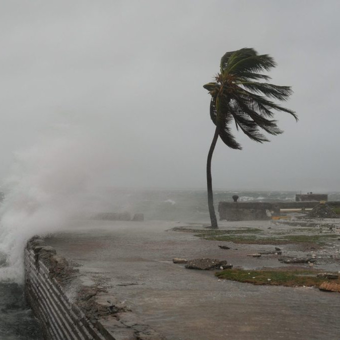 Vietor sa opiera do stromov a vlny udierajú na pobrežie Jamajky.