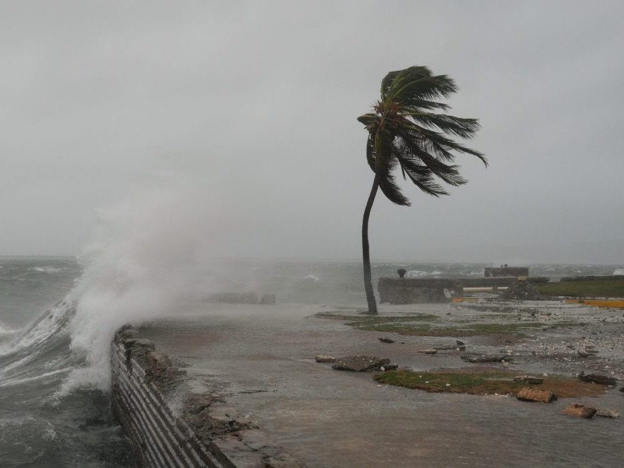Vietor sa opiera do stromov a vlny udierajú na pobrežie Jamajky.