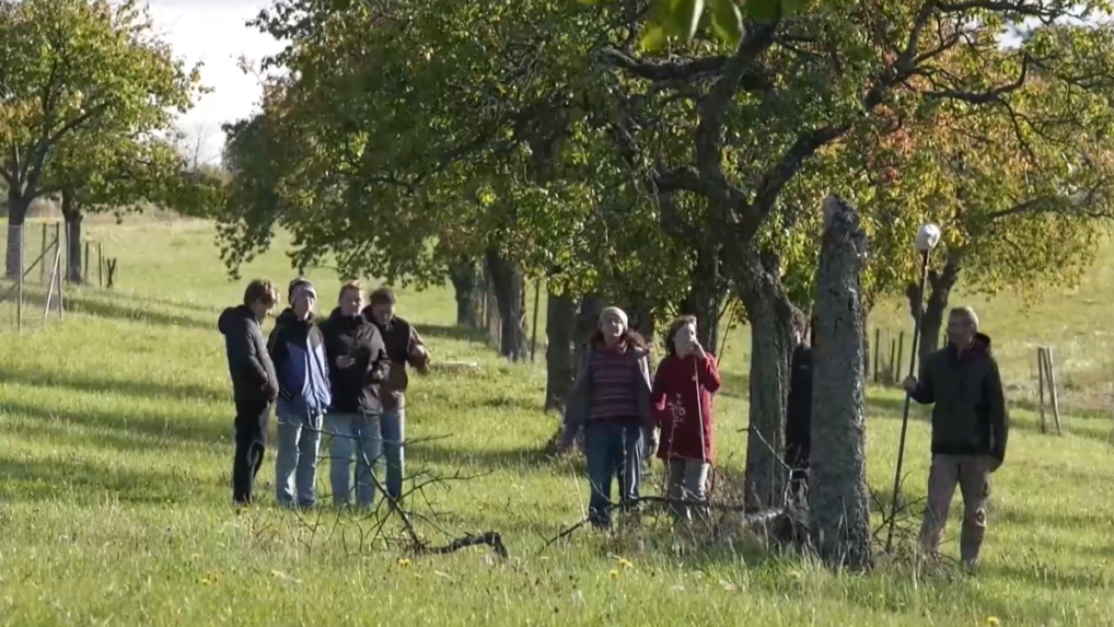 Na snímke študenti v ovocnom sade.