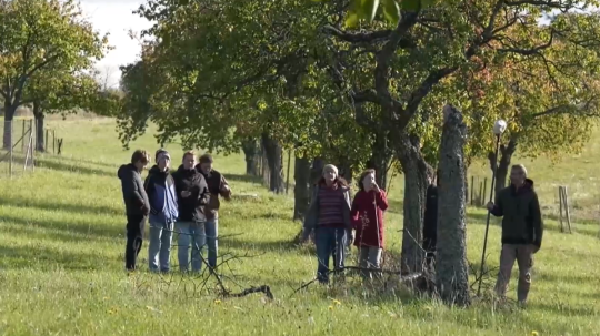Na snímke študenti v ovocnom sade.