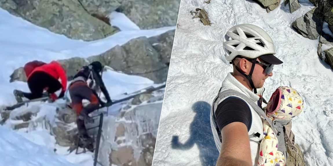 V koláži naľavo turisti na Rysoch, napravo Stoch nesie dieťa dole.