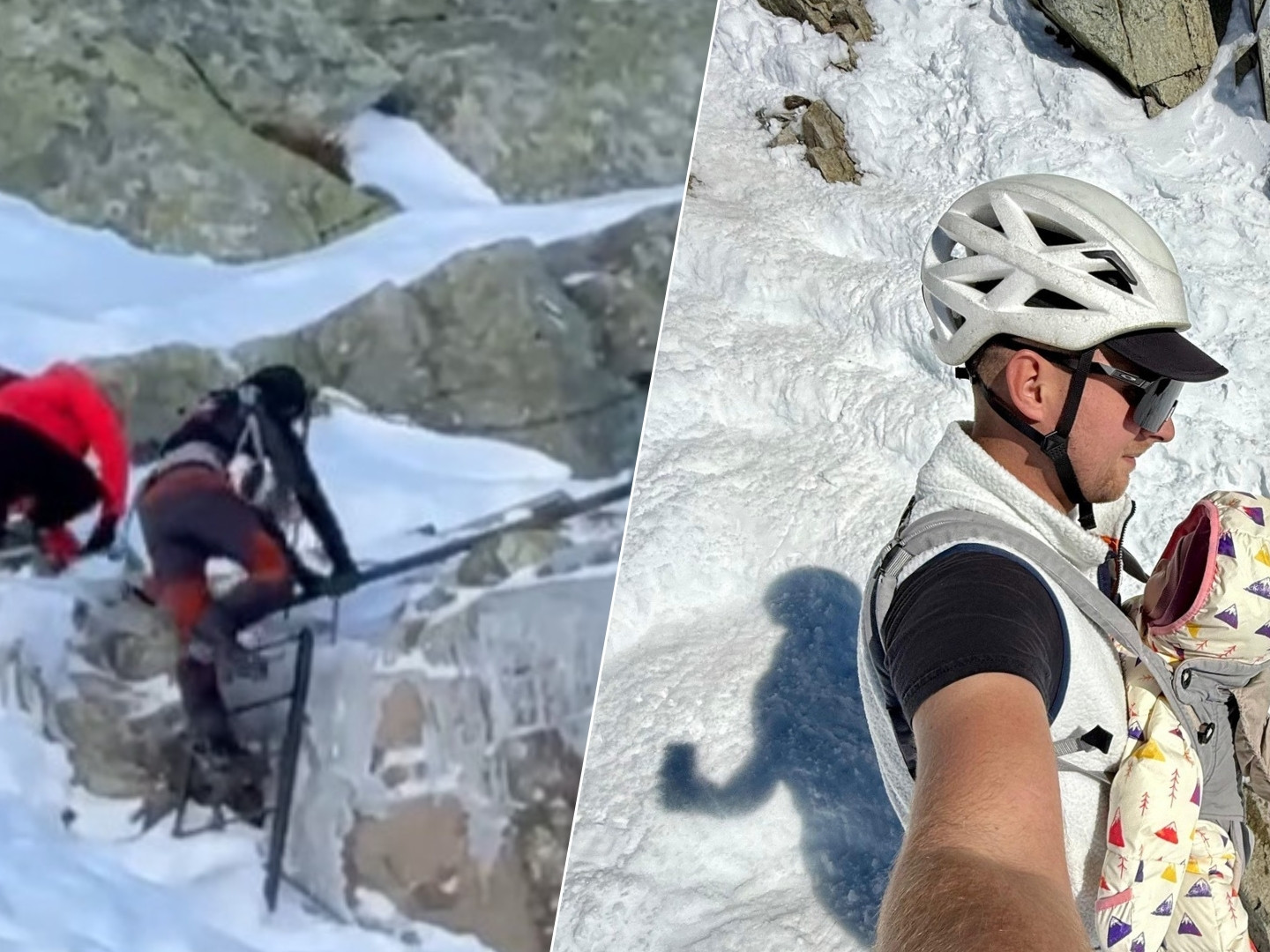 V koláži naľavo turisti na Rysoch, napravo Stoch nesie dieťa dole.