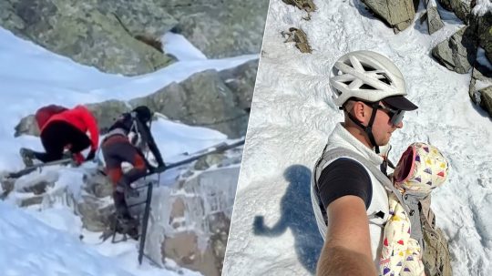 V koláži naľavo turisti na Rysoch, napravo Stoch nesie dieťa dole.