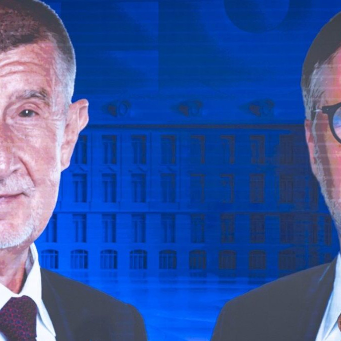 Na snímke Andrej Babiš a Petr Fiala v debate na českej stanici.