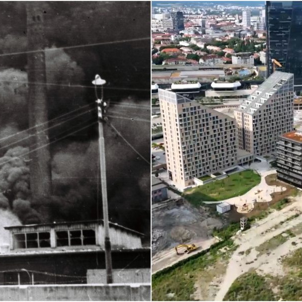 Na snímke archívny záber z bombardovania rafinérie Apollo a pohľad na súčasnú Bratislavu.