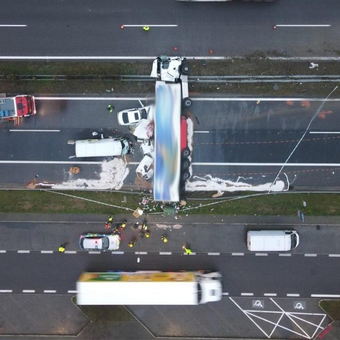 Na snímke prevrátený kamión a autá po nehode na diaľnici D1.