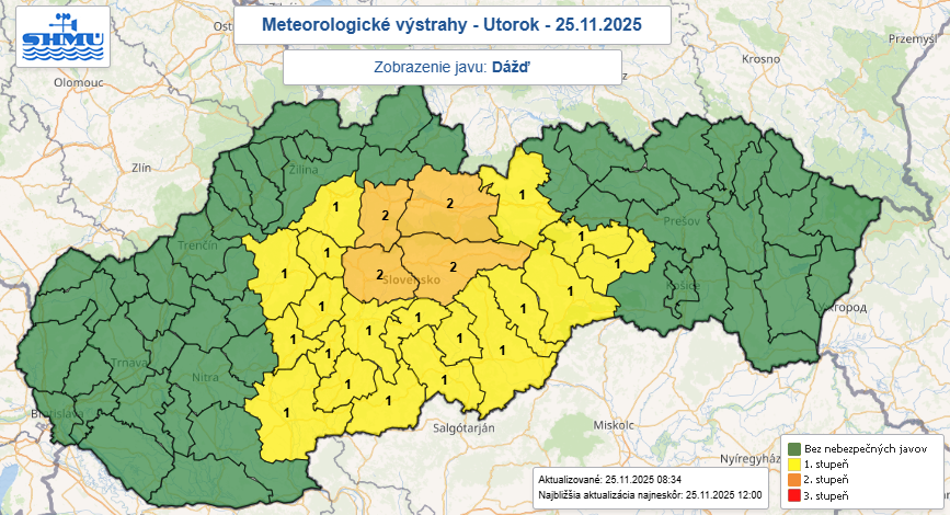Výstrahy SHMÚ na utorok (25. 11.).