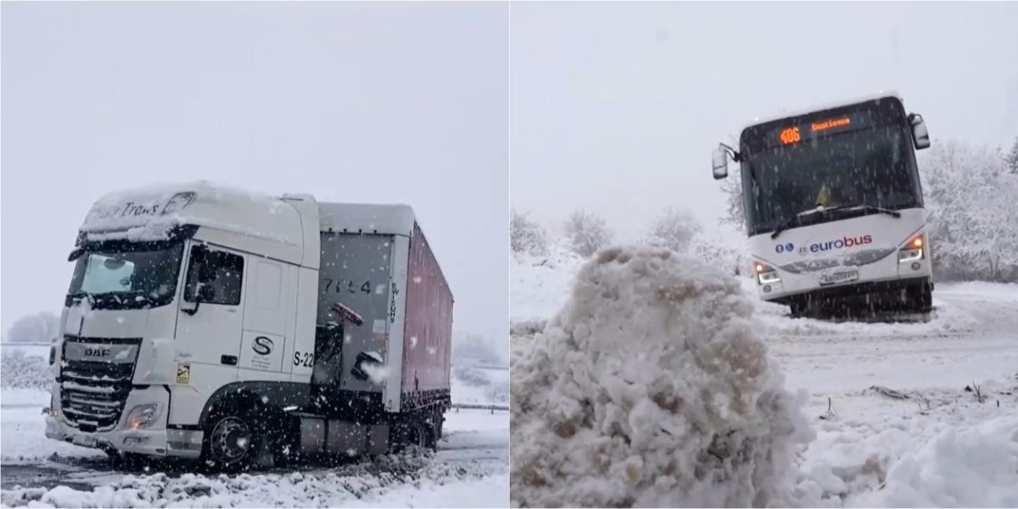 Na snímke skrížený kamión a zapadnutý autobus.