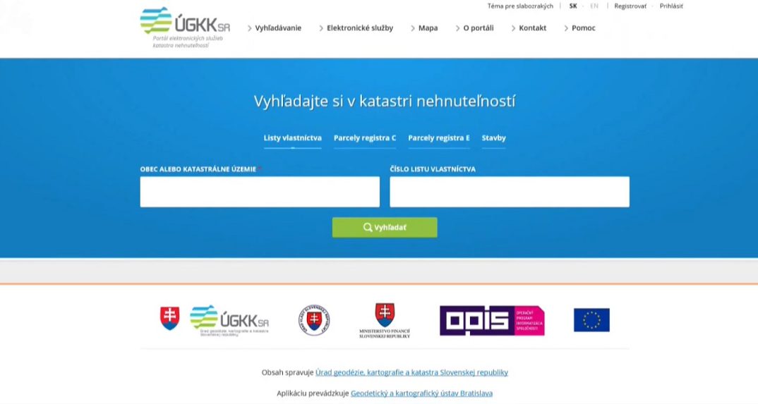 Webová stránka katastra.