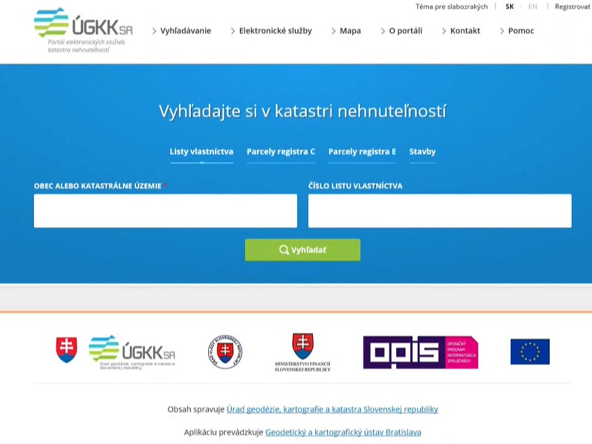 Webová stránka katastra.